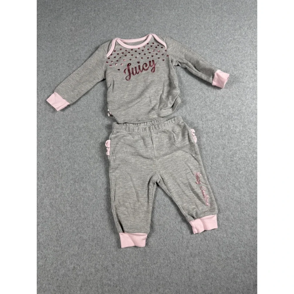 Juicy Couture Bodysuit Jogger Set 3/6M Gray Pink Y2K Ruffle Butt Athleisure